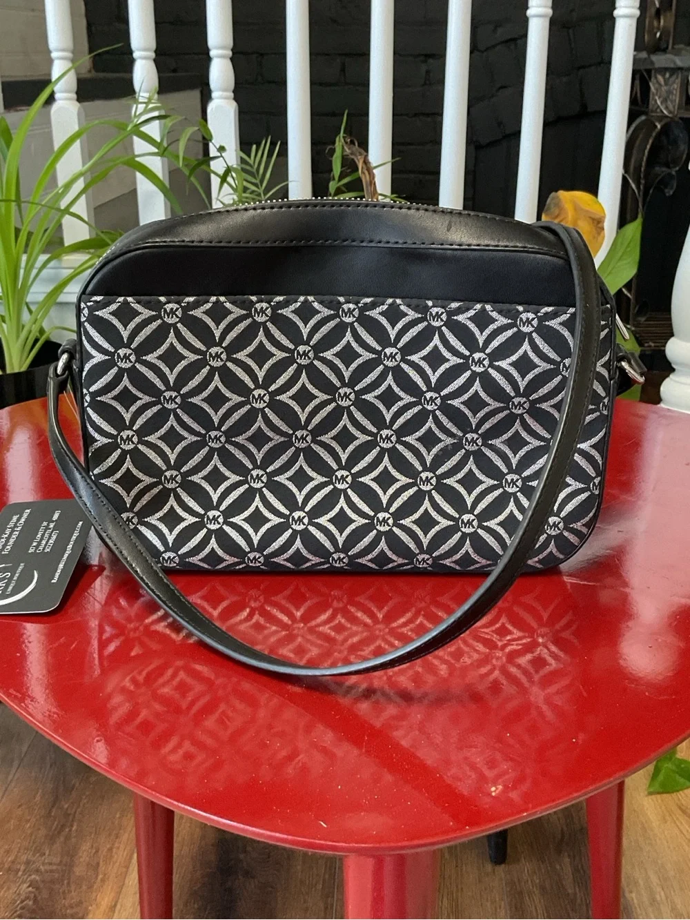 Michael Kors Black and Ivory Logo Crossbody with Chain Detail